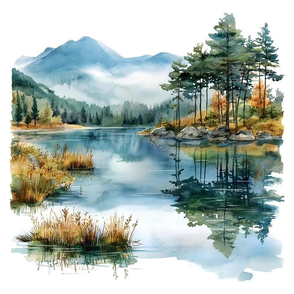 mountain landscape, watercolor, nature scene, lake, forest, pine trees, misty mountains, reflection, scenic, autumn, fall colors, gold, blue, green, sage green, forest green, sky blue, teal, rustic, tranquil, peaceful, landscape art, wildlife, outdoor, wilderness, water feature, evergreen trees, layered landscape, cabin core, nature inspired