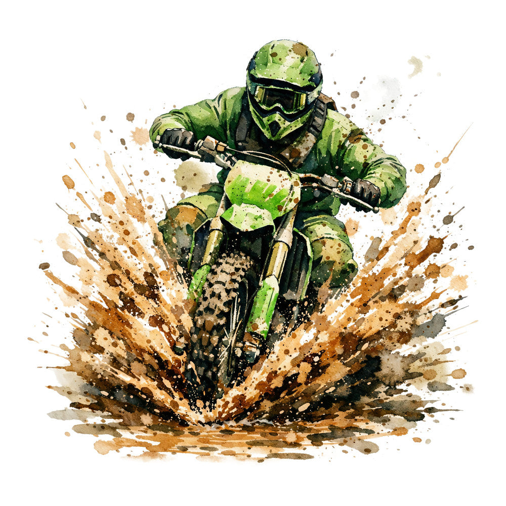 lime green, sage green, olive green, tan, brown, beige, cream, watercolor, abstract, splatter, ink splash, action sports, motocross, dirt bike, extreme sports, adventure, dynamic, energetic, sporty, masculine, modern, urban, grunge, athletic, off-road, daring, bold, contemporary