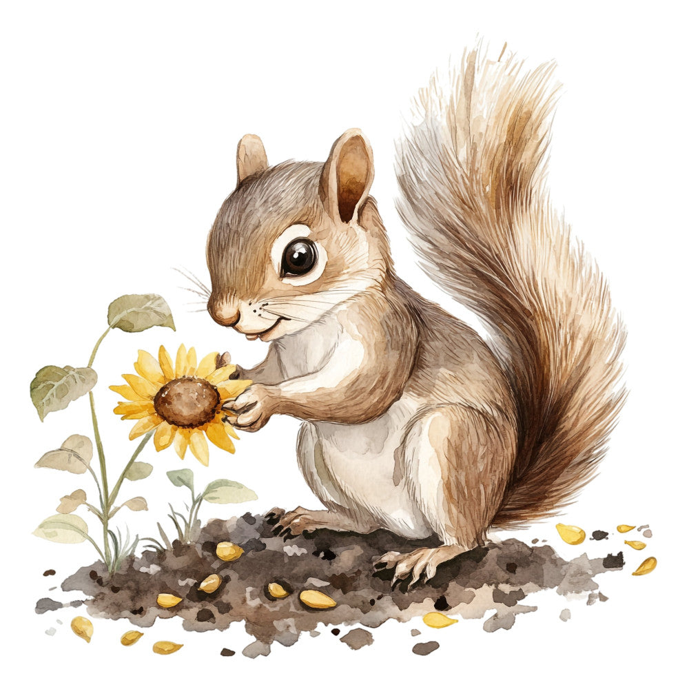 squirrel, sunflower, woodland, nature, animals, whimsical, charming, nursery, cream, tan, brown, gold, yellow, adorable, cute, children's, kids, forest creatures, flora, fauna, botanical, spring, summer, baby quilt, wall hanging, storybook, illustration, hand-painted, watercolor, gentle