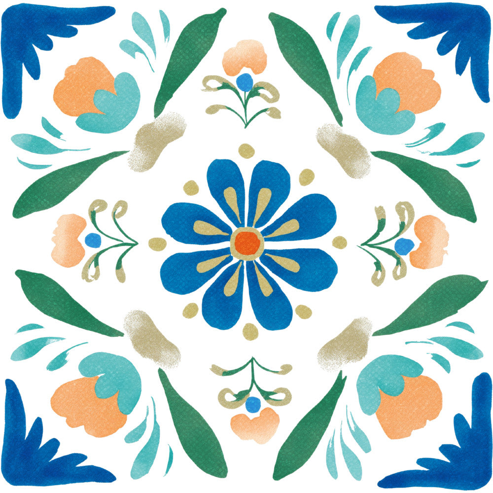 blue flower, royal blue, forest green, coral orange, turquoise, sage green, cream, gold accents, floral pattern, botanical, nature, symmetrical design, ornamental, folk art, whimsical, traditional, vibrant, spring, summer, daisy, leaves, decorative flourishes, geometric floral, medallion design, repeating pattern, colorful, artistic, cottage style, vintage inspired