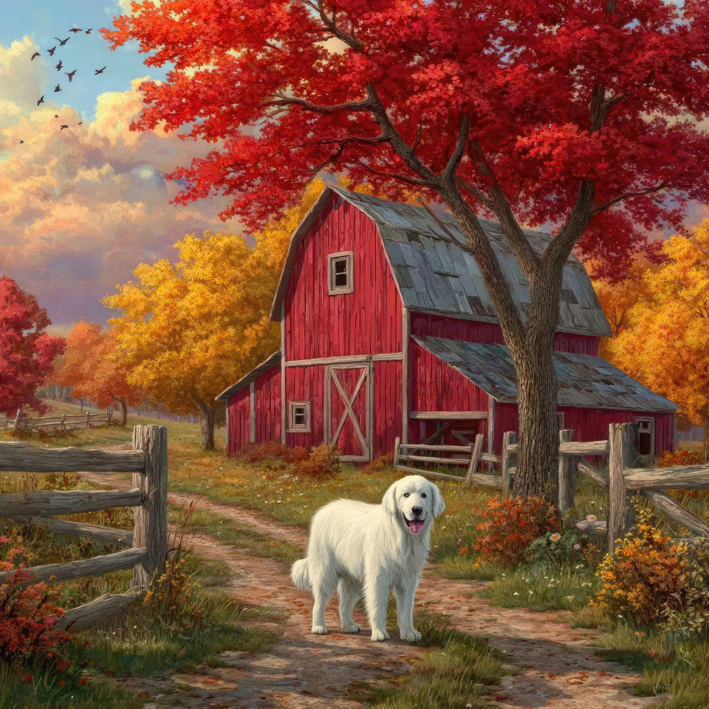 autumn, fall, farmhouse, rural, barn, red barn, white dog, golden retriever, dog, animal, nature, rustic, countryside, harvest, cream, red, burnt orange, golden yellow, warm tones, trees, maple trees, foliage, scenic landscape, peaceful, traditional, nostalgic, farm scene, wooden fence, pastoral, seasonal