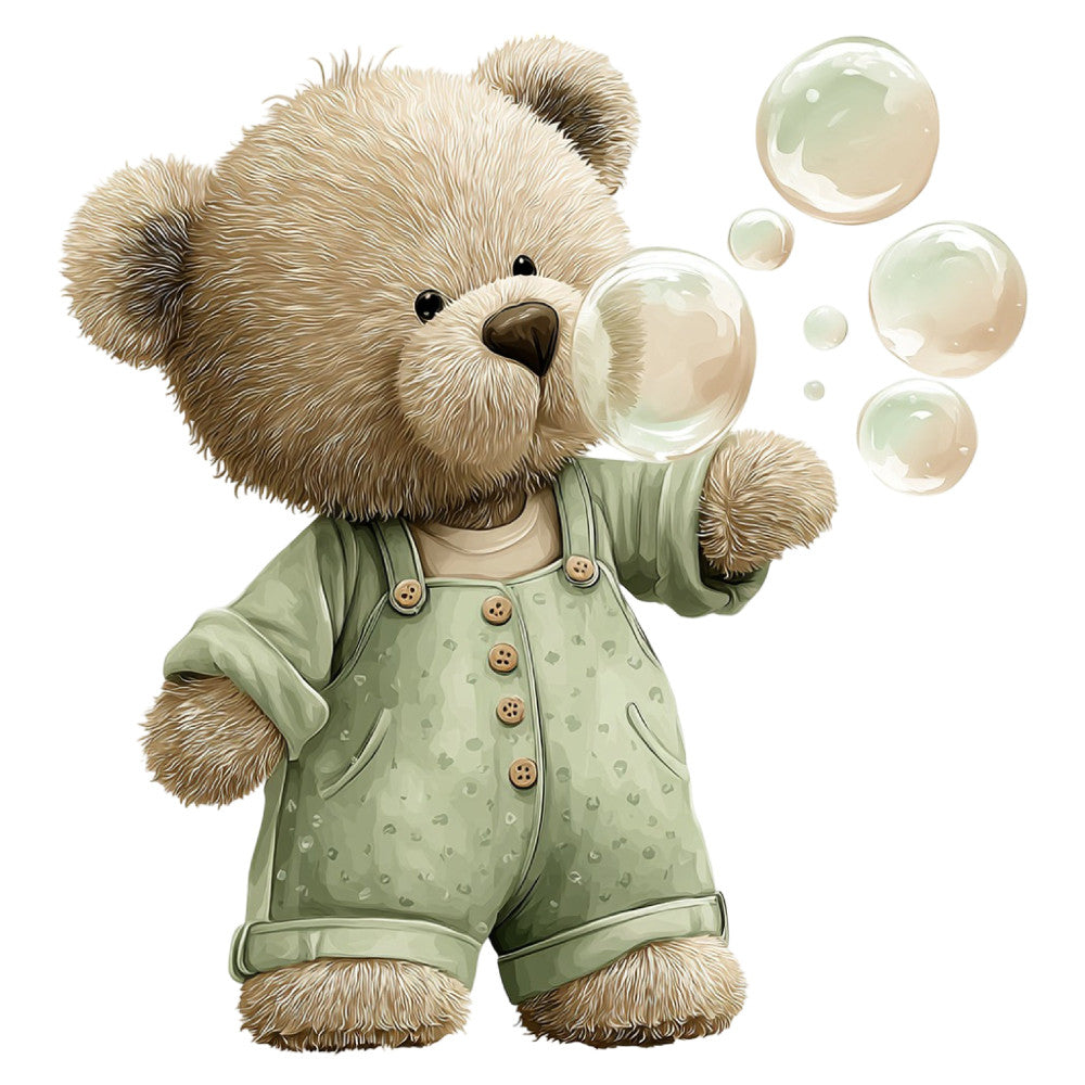 sage green, cream, tan, beige, soft green, teddy bear, bubbles, whimsical, cute, children's, baby, animals, bears, playful, vintage, gentle, soft, nursery, baby quilt, wall hanging, gender neutral, sweet, adorable, storybook, dressed animals, overalls, pastoral, soft colors, dreamy, illustration style