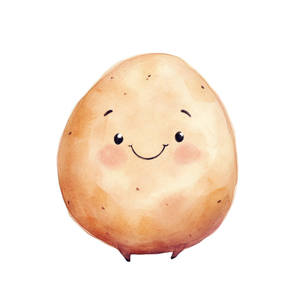 cute potato, smiling face, kawaii vegetable, cream, tan, beige, peach, brown, whimsical, playful, children, kids, food, vegetables, garden, cheerful, happy face, character, adorable, nursery, baby, folk art, rustic, cottagecore, illustration, friendly, sweet, smile, rosy cheeks, endearing