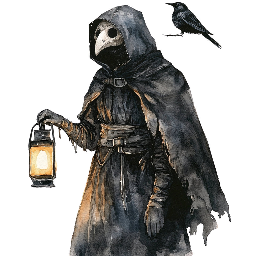 dark fantasy, plague doctor, gothic, black, charcoal gray, cream, golden tan, bronze, mystical, crow, raven, bird, lantern, glow, spooky, halloween, autumn, dark academia, steampunk, vintage, medieval, mysterious, hooded figure, bird motif, ornate details, dramatic, moody, wall hanging, dark aesthetic
