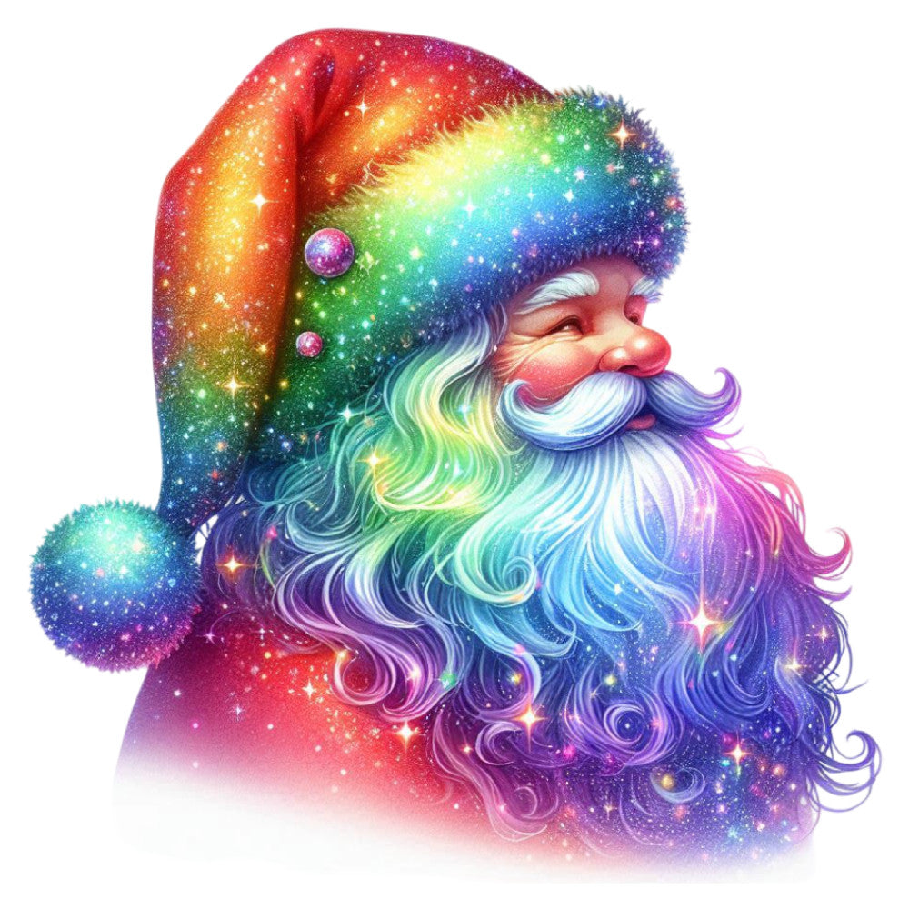 rainbow santa, multicolor, galaxy print, celestial, whimsical, magical, sparkly, metallic, festive, christmas, holiday, jolly, santa claus, bearded, cosmic, iridescent, vibrant, psychedelic, fantasy, enchanted, glitter effect, starry, dimensional, 3d effect, joy, festive spirit, winter holiday, novelty print
