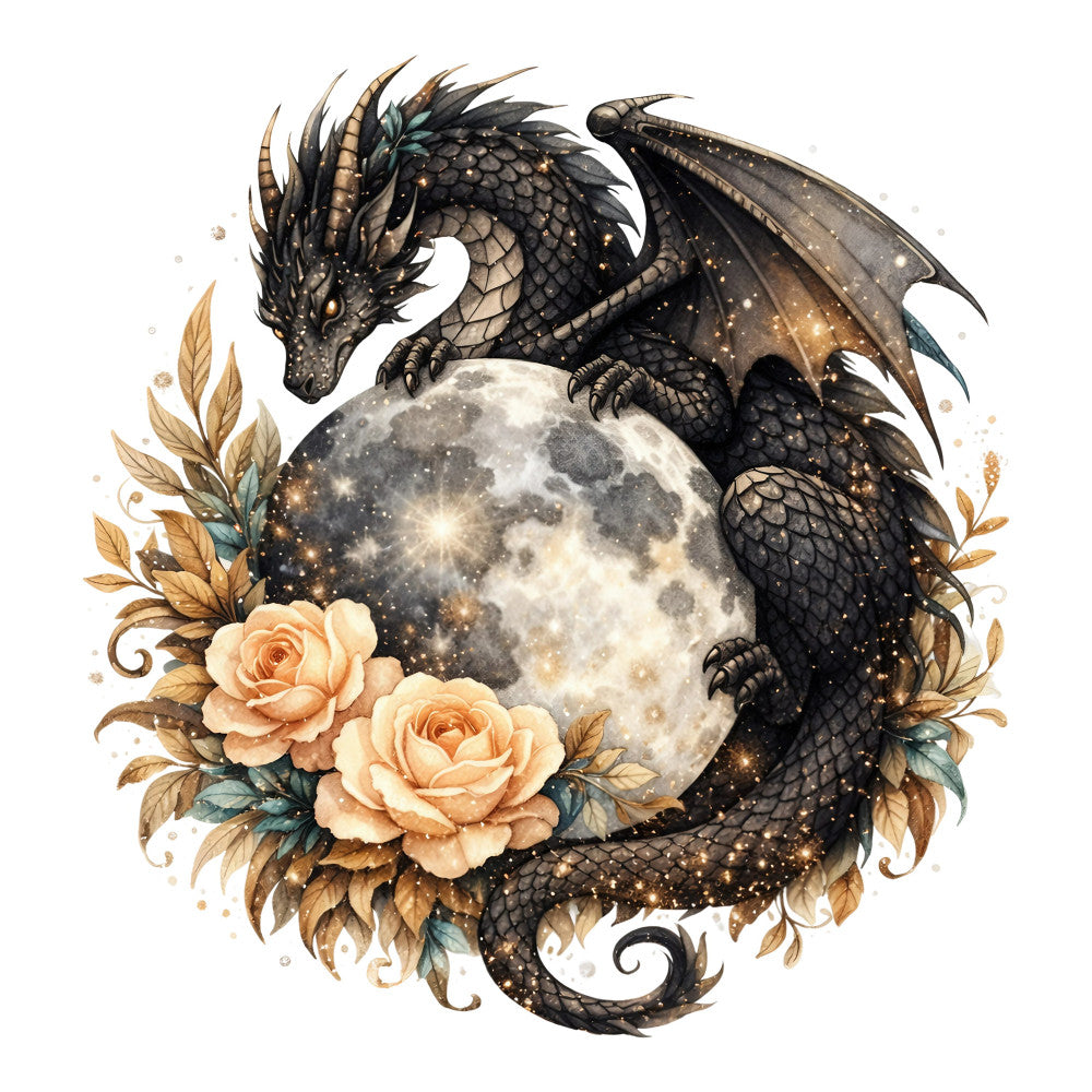 black dragon, dark fantasy, celestial moon, moonlight, gold accents, peach roses, cream roses, metallic gold, dark gray, charcoal black, floral design, nature themed, magical, gothic, elegant, whimsical, dragon motif, moon phase, botanical elements, golden leaves, autumn tones, mystical, dark romantic, fantasy art, decorative panel, wall hanging, tapestry style, ornate design, enchanted forest, nocturnal theme