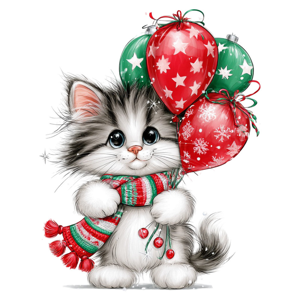 christmas cat, holiday kitten, red ornaments, green ornaments, festive animals, whimsical cat, cute kitten, striped scarf, red and green, snowflakes, stars, holiday decorations, christmas sweater, winter cat, seasonal cat, christmas theme, festive scarf, red striped, green striped, holiday motifs, candy cane colors, traditional christmas, vintage style cat, children's panel, baby quilt, wall hanging, christmas ornament, holiday spirit, jingle bells, festive kitten