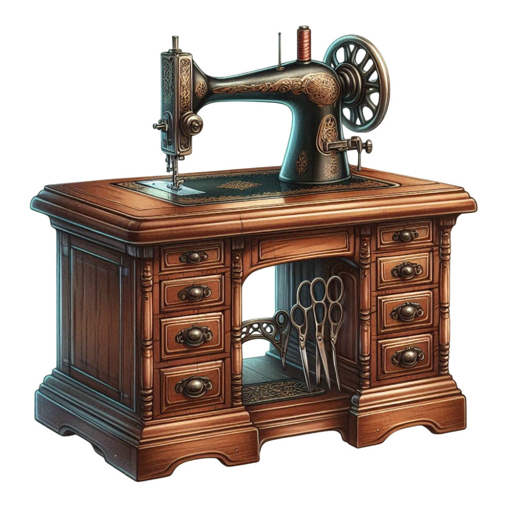 vintage sewing machine, steampunk, antique, teal, bronze, copper, brown, wood grain, sewing theme, crafting, retro, nostalgic, elegant, victorian, ornate, decorative, sewing tools, scissors motif, brass accents, traditional, timeless, heirloom, sewing room, craft room, hobby themed, detailed illustration, classic design, heritage
