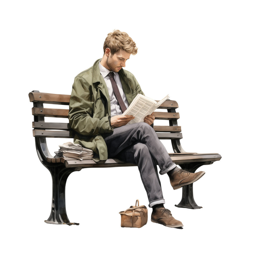 man reading newspaper, vintage style, reading fabric, newspaper print, business casual, park bench, urban lifestyle, men's novelty, khaki green, charcoal gray, brown leather, retro aesthetic, mid-century modern, literary theme, hobby themed, relaxation scene, everyday life, nostalgic illustration, documentary style, professional casual wear, commuter theme, public space, leisure time, classic menswear, brown shoes, desk worker, news themed, travel bag