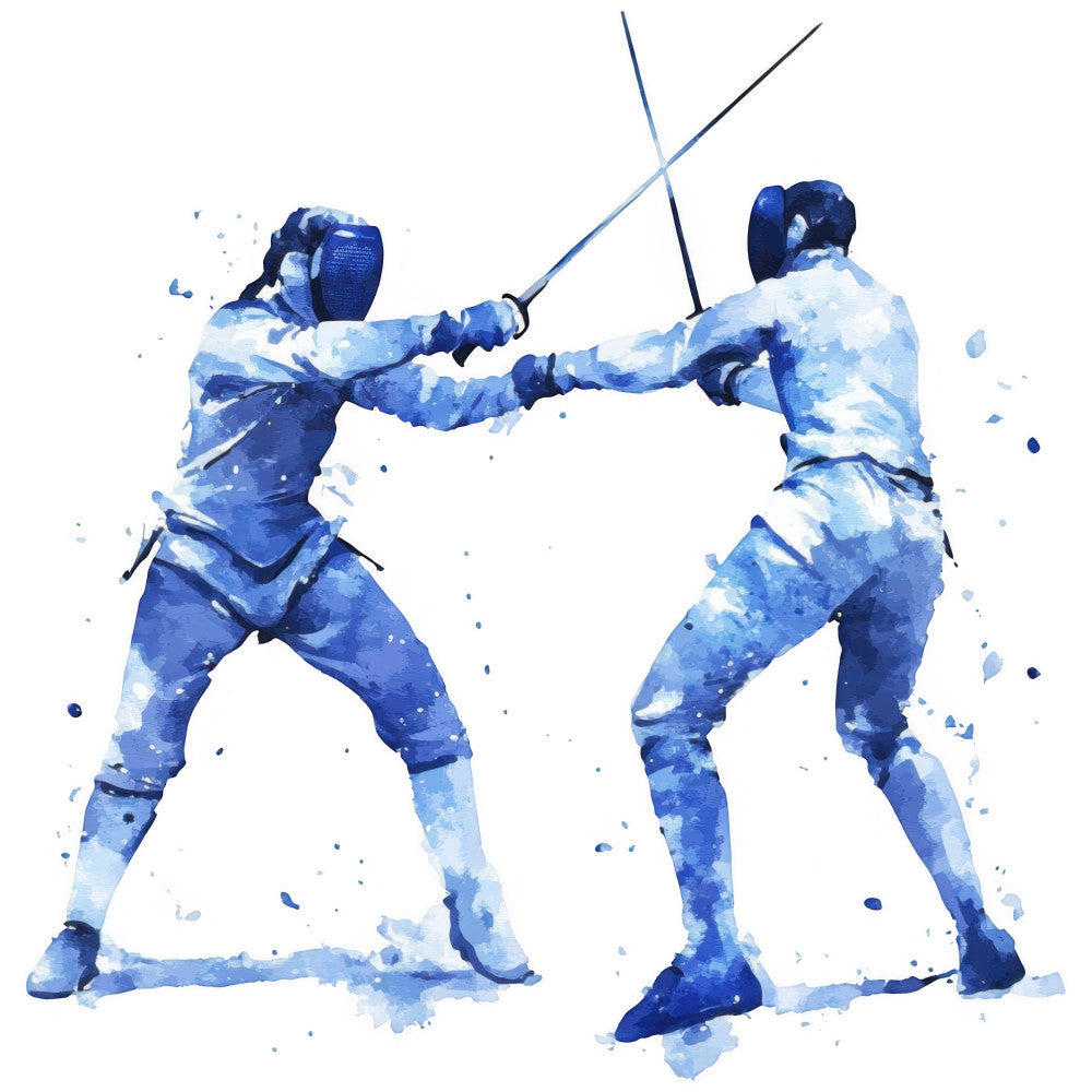 navy blue, light blue, watercolor, abstract, sports, fencing, athletic, martial arts, action, dynamic, modern, contemporary, splatter, ink wash, blue watercolor, geometric, energetic, competitive, movement, figure art, human figures, strength, combat sport, blue and white, artistic, expressive, edgy