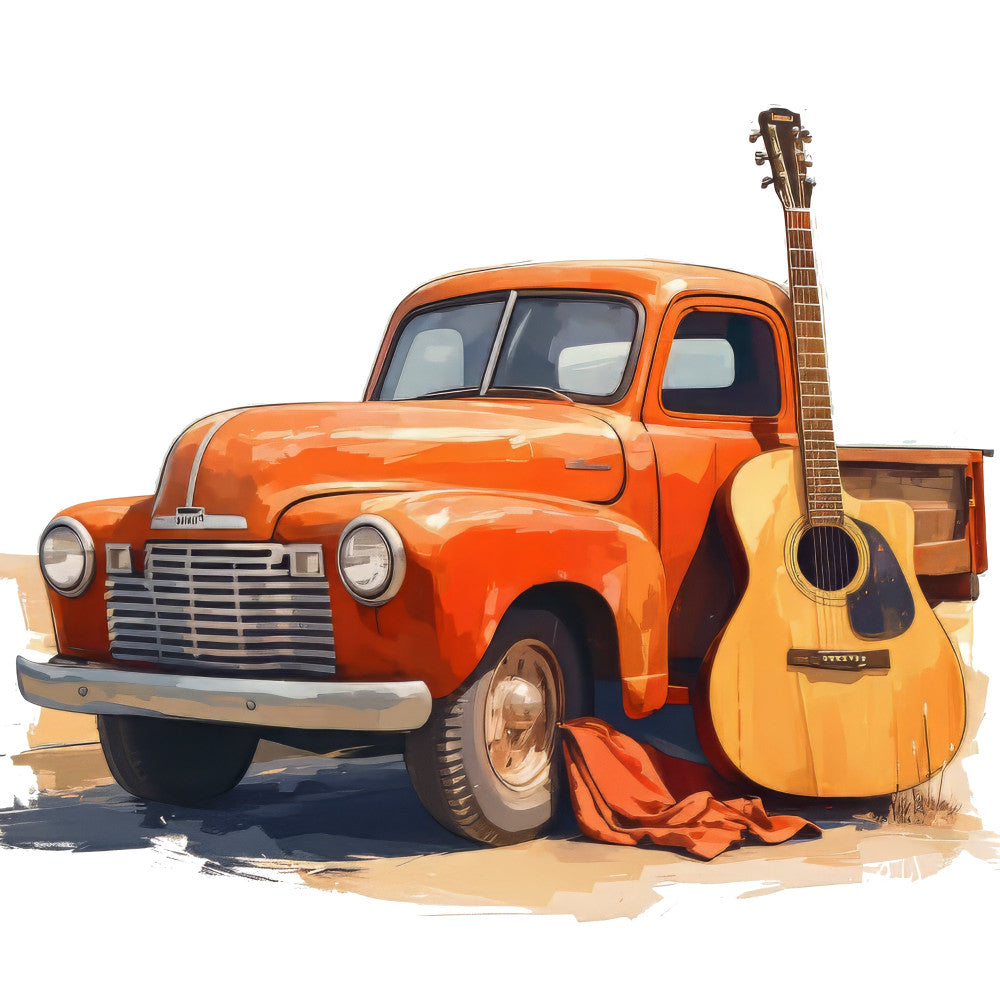 vintage truck, orange, golden yellow, cream, retro, country, americana, acoustic guitar, music, musical instrument, vehicle, transportation, nostalgic, rustic, folk music, americana style, country music, vintage vehicle, pick-up truck, classic car, warm tones, burnt orange, sand beige, whimsical, folk art, americana theme, country living, farmhouse style, music lover
