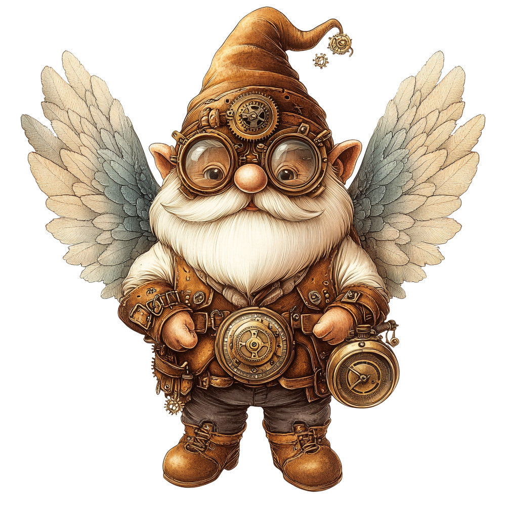 steampunk gnome, winged gnome, brown tones, copper colors, bronze shades, cream wings, white beard, pointed hat, goggles, gears, clockwork elements, mechanical details, fantasy character, whimsical design, fabric panel, quilting cotton, mystical creature, vintage aesthetic, earth tones, intricate artwork