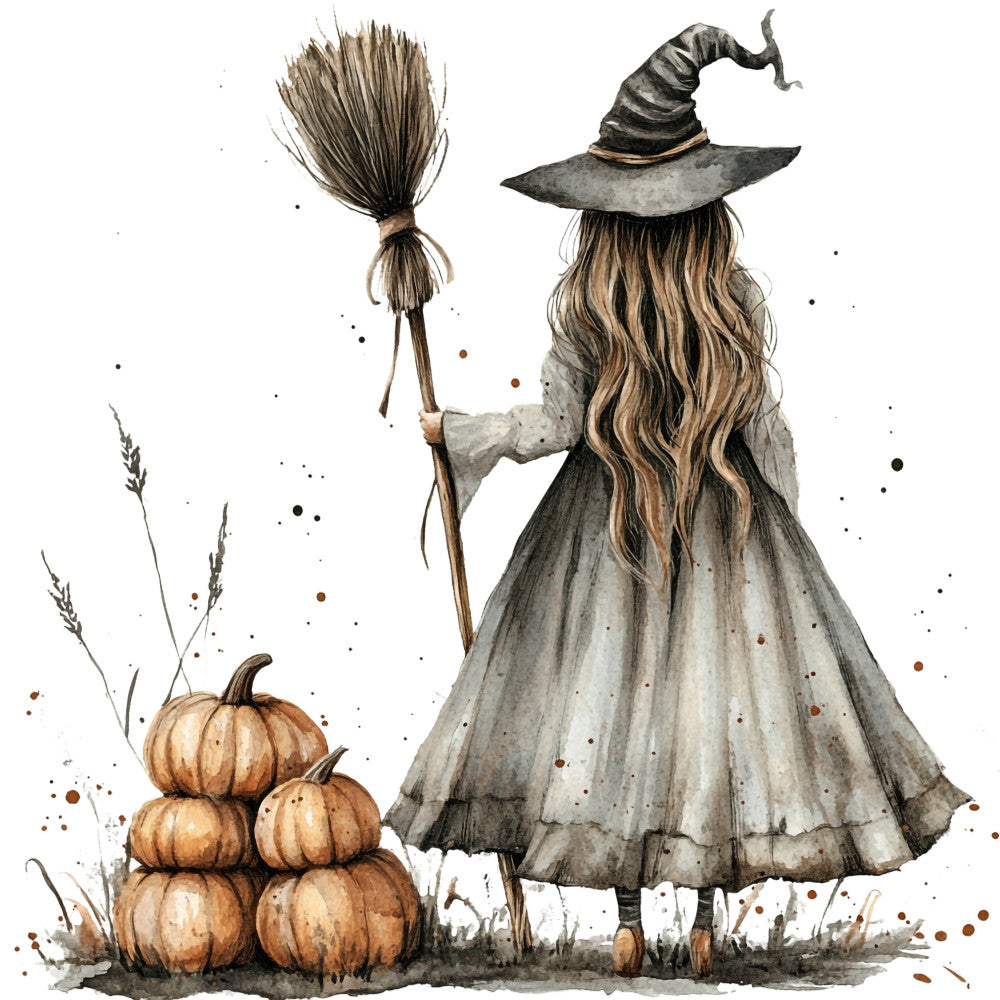 watercolor witch, autumn witch, halloween fabric, pumpkin stack, broomstick, pointed hat, long flowing hair, gray robes, orange pumpkins, brown tones, muted grays, fabric panel, quilting cotton, spooky character, fall themed, witch illustration, harvest pumpkins, magical design, october motif, seasonal fabric