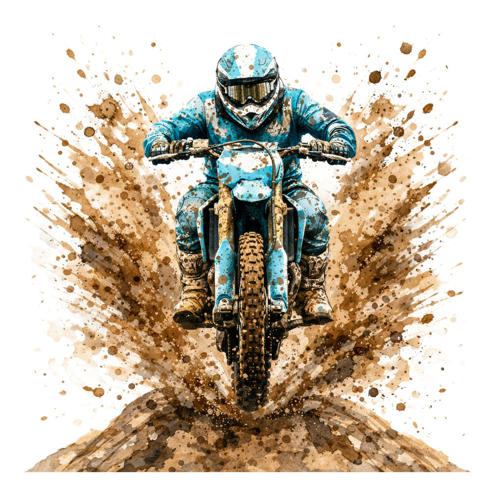 dirt bike, motocross, turquoise blue, tan, brown, splatter, watercolor, abstract, action sports, extreme sports, off-road, mud, dust, grunge, adventure, masculine, sporty, dynamic, energetic, dirt biking, motorcycle, racing, speed, splash effect, contemporary, bold, all-terrain, stunt, adrenaline