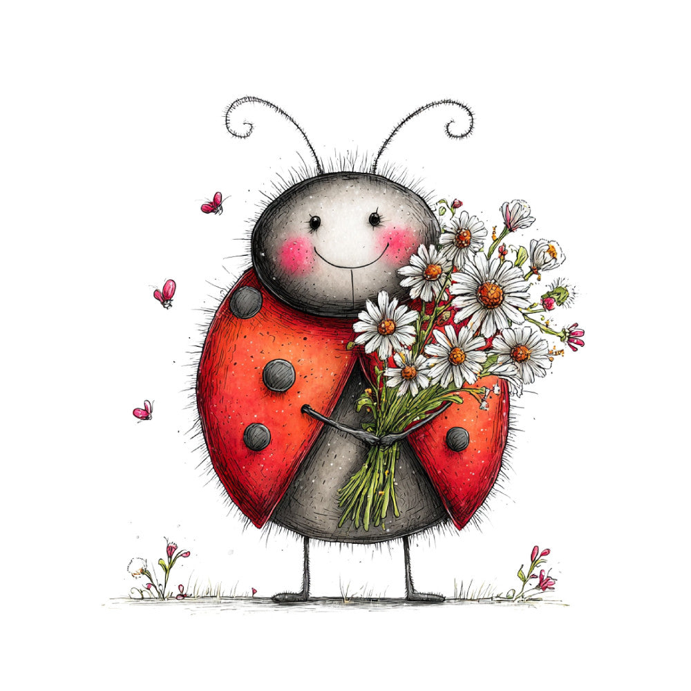 ladybug, red, white, cream, whimsical, cute, daisies, flowers, floral, nature, insects, butterflies, smiling face, cheerful, spring, summer, children, baby, animals, sweet, playful, botanical, garden, friendly, charming, folk art, illustration, decorative, happy