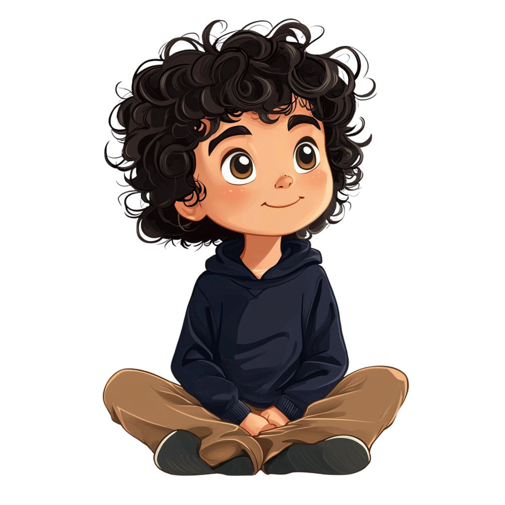 navy blue, tan brown, warm skin tone, black curly hair, children, kids, boy, portrait, character design, whimsical, playful, cute, contemporary, illustration style, character panel, children's fabric, baby boy, young child, innocent, friendly expression, casual clothing, hoodie, sitting pose, modern illustration, decorative panel, apparel fabric, novelty print