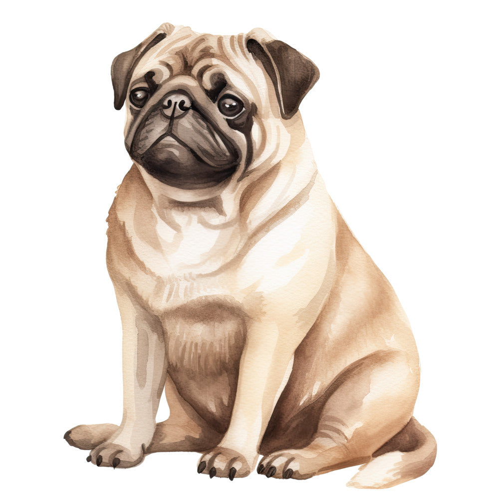 Watercolor Pug Fabric Panel 9 featuring a detailed, hand-painted style premium quilting cotton pug design.