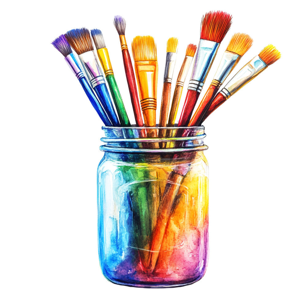 paintbrushes, glass jar, rainbow colors, blue, purple, orange, yellow, red, green, artist tools, creative supplies, watercolor style, art studio, painting equipment, colorful bristles, mason jar, craft theme, vibrant hues, artistic motif, fabric panel