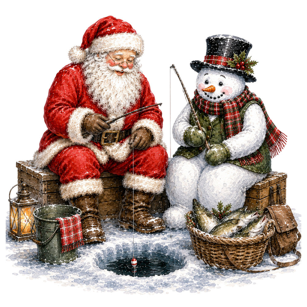 christmas, holiday, santa claus, snowman, winter, red, cream, black, forest green, plaid, tartan, fishing, ice fishing, traditional, vintage, whimsical, rustic, festive, seasonal, snow, lantern, cozy, cabin, nostalgic, illustrated, storybook, charming, holiday scene, winter scene