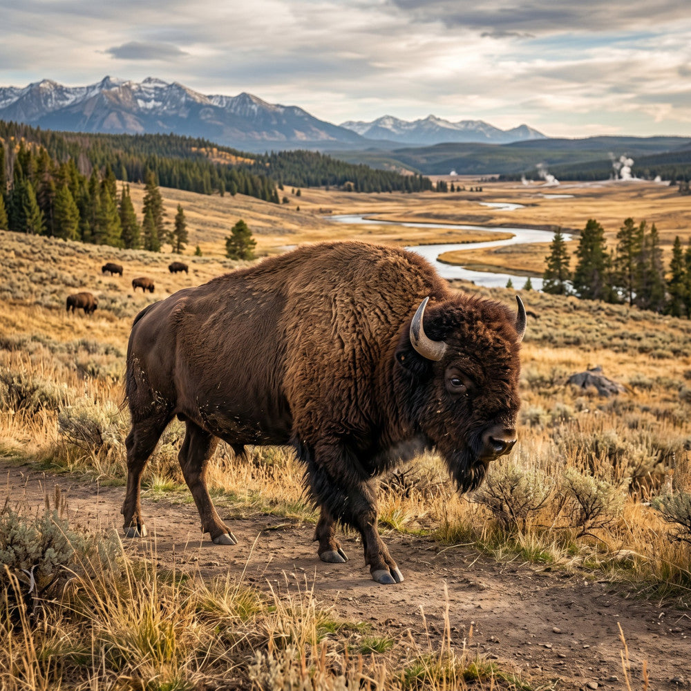 bison, buffalo, western, wildlife, nature, landscape, mountains, scenic, rustic, earth tones, brown, tan, golden yellow, forest green, prairie, meadow, river, valley, autumn, fall, outdoor, adventure, southwest, national parks, animals, majestic, natural, traditional, homestead, wilderness