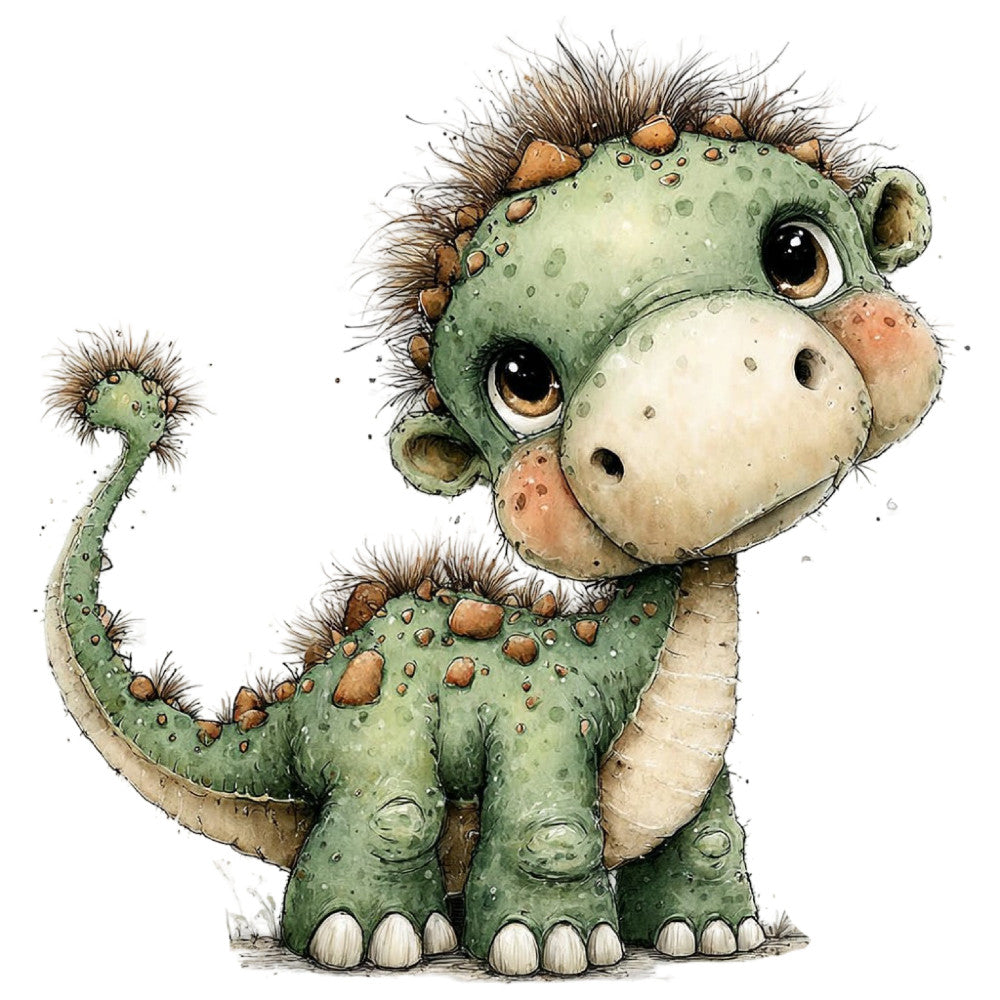 sage green, cream, tan, brown, whimsical, cute animal, dinosaur, baby, nursery, children's, playful, illustration, storybook, fantasy creature, spiky, textured, adorable, quirky, fun, friendly, prehistoric, dino, cactus spikes, nature-inspired, playroom, baby shower, child's quilt, wall hanging, kids' decor, watercolor style