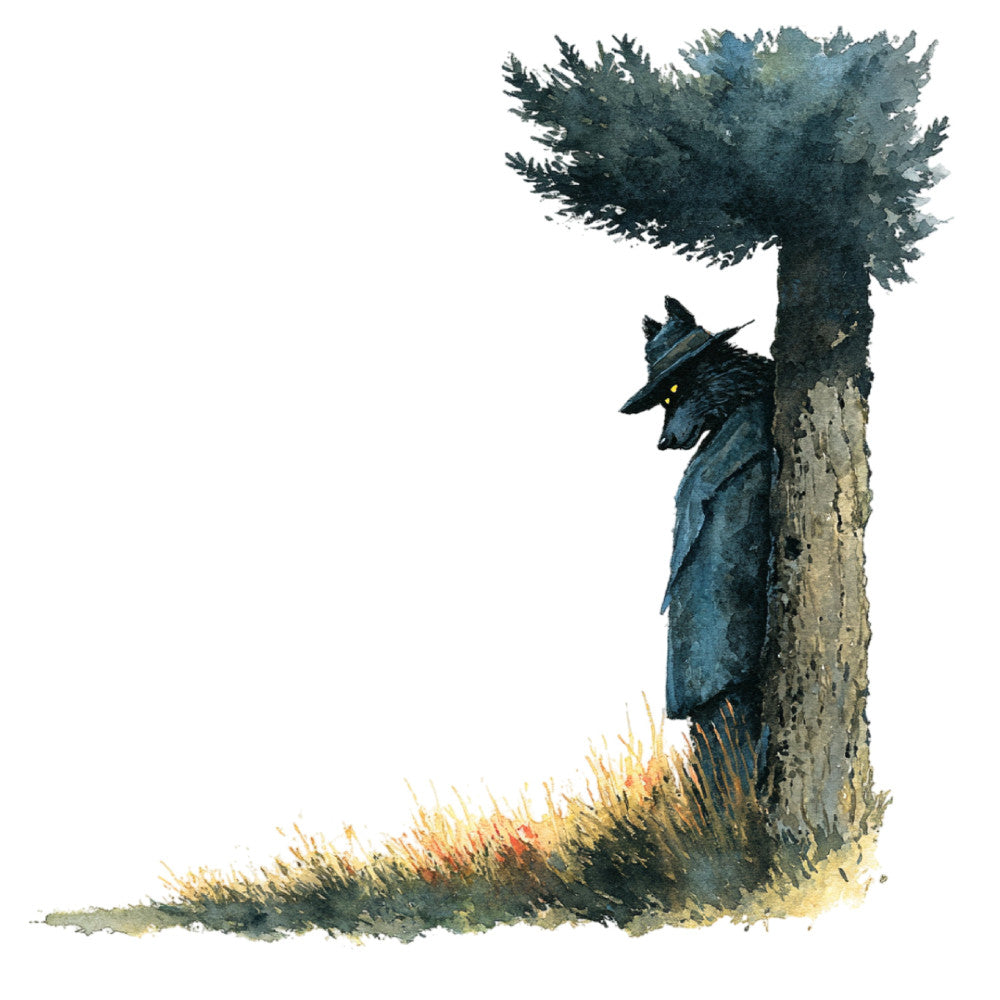 forest green, teal blue, charcoal gray, cream, gold, nature, woodland, animals, wolf, mystical, whimsical, rustic, fantasy, dark fantasy, magical, enchanted forest, trees, coniferous trees, evergreen, autumn, moody, atmospheric, storybook, illustration style, artistic, detailed, wildlife, creature, folklore, gothic