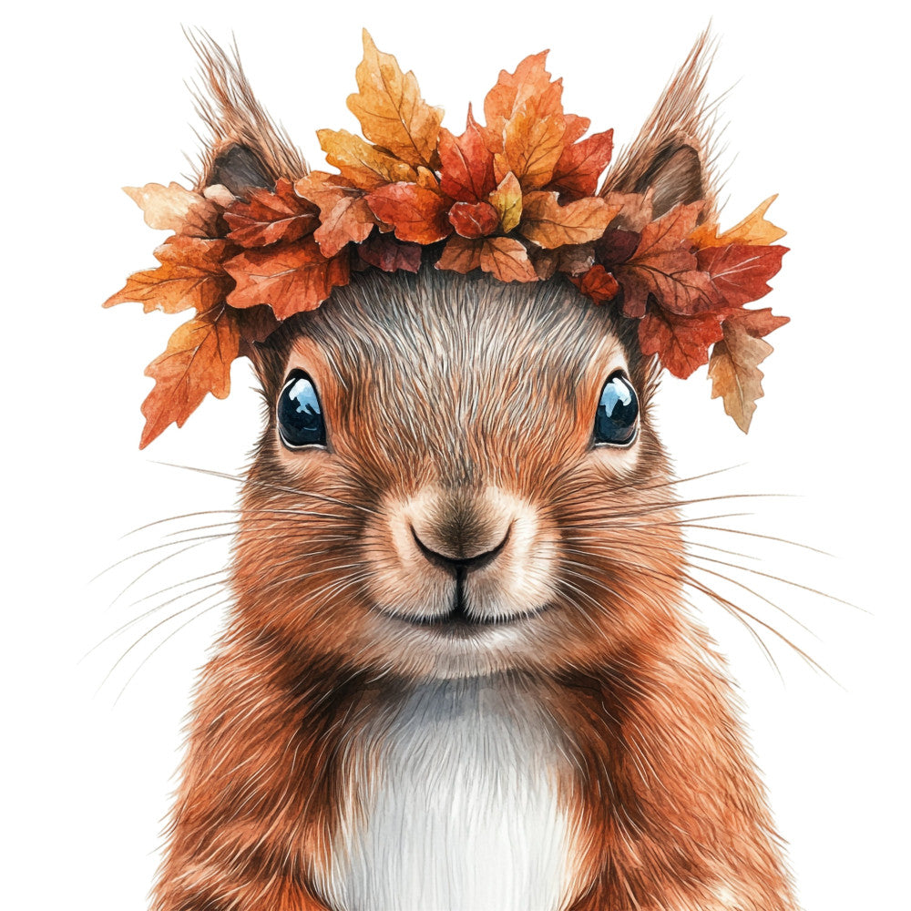 autumn squirrel, fall leaves, orange, rust, burnt orange, cream, white, charcoal gray, woodland animals, nature, whimsical, cute animals, forest creatures, seasonal, autumn, fall, rustic, children's fabric, baby quilt, wall hanging, animal portrait, leaf crown, decorative panel, festive, harvest, cozy, playful style, woodland theme, creature feature