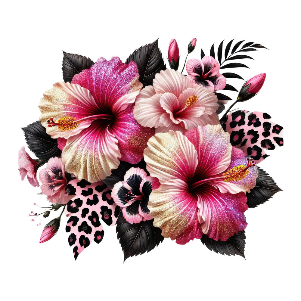 hot pink, magenta, blush pink, cream, gold, black, leopard print, animal print, hibiscus, floral, botanical, tropical, nature, modern, elegant, sophisticated, feminine, vibrant, bold, statement floral, large scale, exotic, summer, spring, decorative panel, wall art, home decor, fashion fabric, bold colors, metallic accents