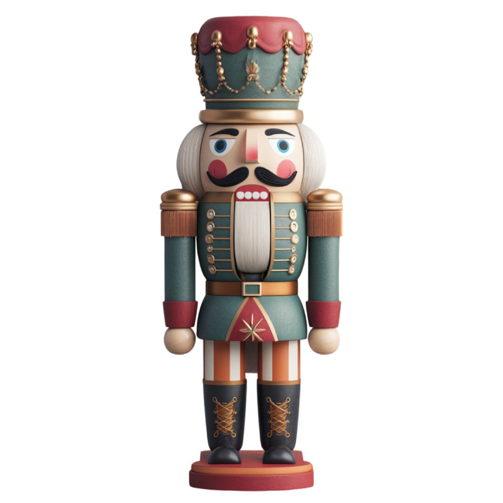 nutcracker, christmas, holiday, vintage, traditional, whimsical, soldier, royal, regal, crown, red, green, gold, cream, white, mustache, formal, elegant, festive, seasonal, decorative, character, toy soldier, winter, classic, detailed, ornate, geometric buttons, striped pants