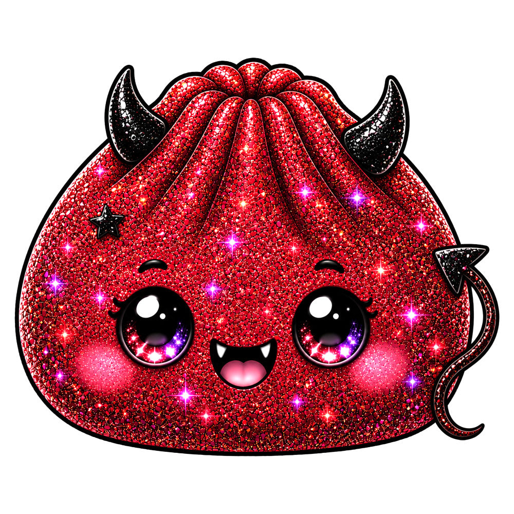 red glitter, sparkle, shiny, cute character, kawaii, big eyes, smiling face, demon horns, devil horns, stars, whimsical, playful, fantasy, magical, children's, kids, bright red, fuchsia accents, glittery texture, novelty print, character panel, animated, fun, colorful eyes, purple gradient, festive, bold, eye-catching, dimensional
