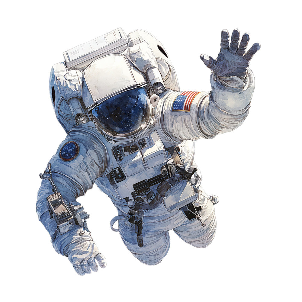 astronaut, space, nasa, blue, navy blue, white, stars, celestial, cosmic, waving astronaut, space suit, helmet, visor, starfield, exploration, science, futuristic, modern, educational, stem, adventure, outer space, galaxy, cosmic theme, children's, novelty, illustration style, whimsical, inspirational
