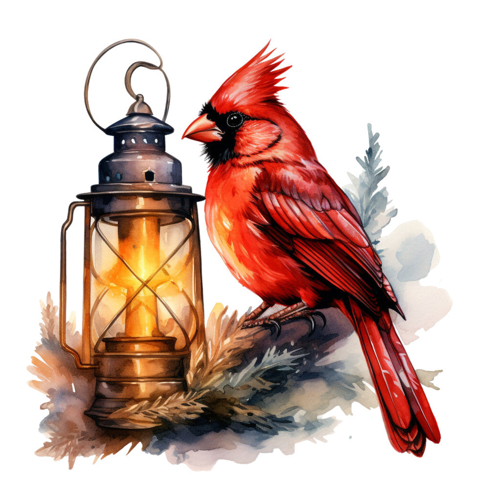 red cardinal, bird, lantern, watercolor style, vintage lamp, oil lamp, flame, warm glow, nature scene, wildlife, crimson, black accents, orange light, fabric panel, quilting cotton, rustic, outdoor theme, camping, woodland, feathers, perched bird, glass chimney, metal lantern