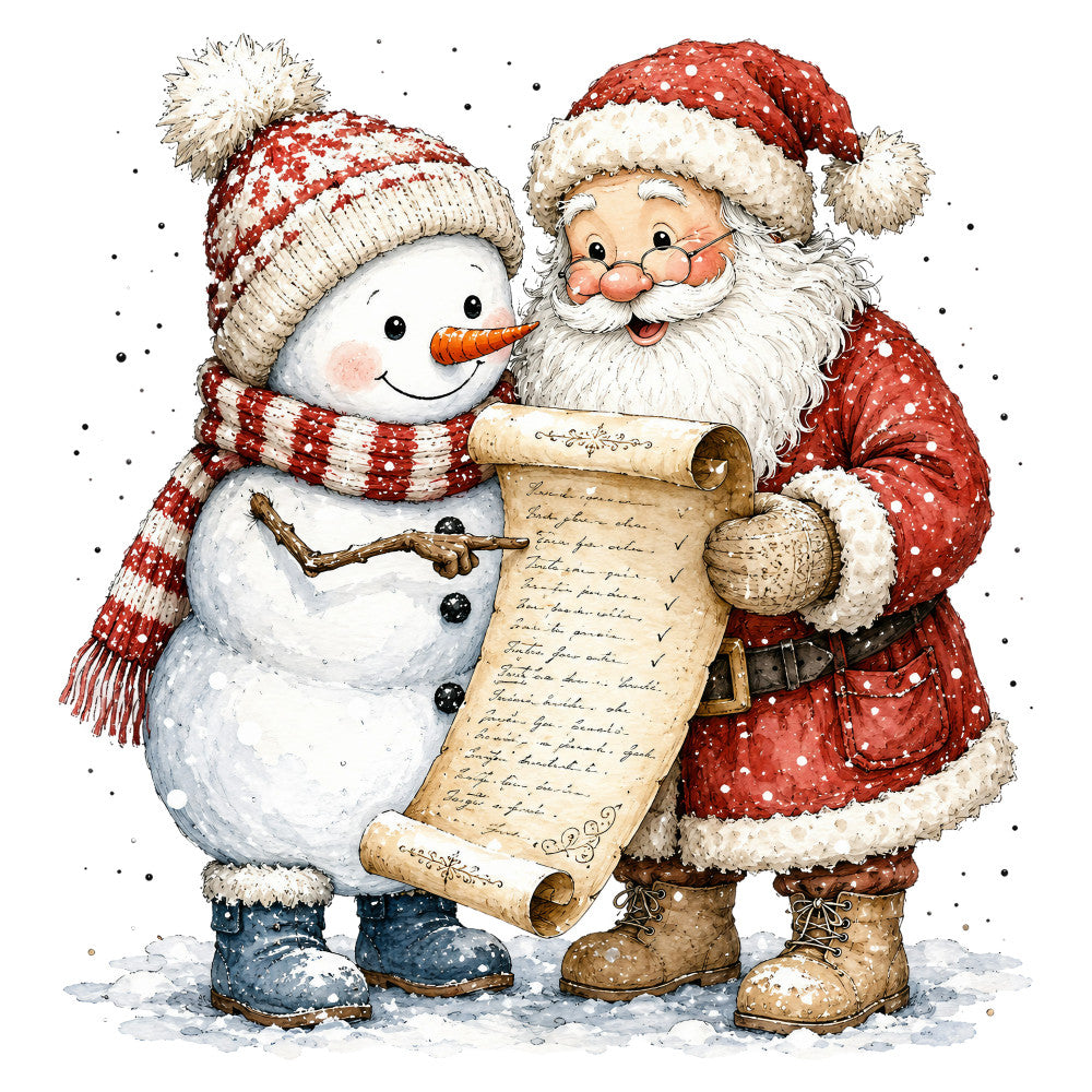 christmas, holiday, santa, snowman, red and white, cream, winter white, snow, festive, vintage christmas, whimsical, nostalgic, traditional, charming, cute characters, seasonal, winter theme, naughty or nice list, folk art style, rustic holiday, cozy, cheerful, decorative panel, children's, classic christmas, red polka dot, pom poms, winter scene
