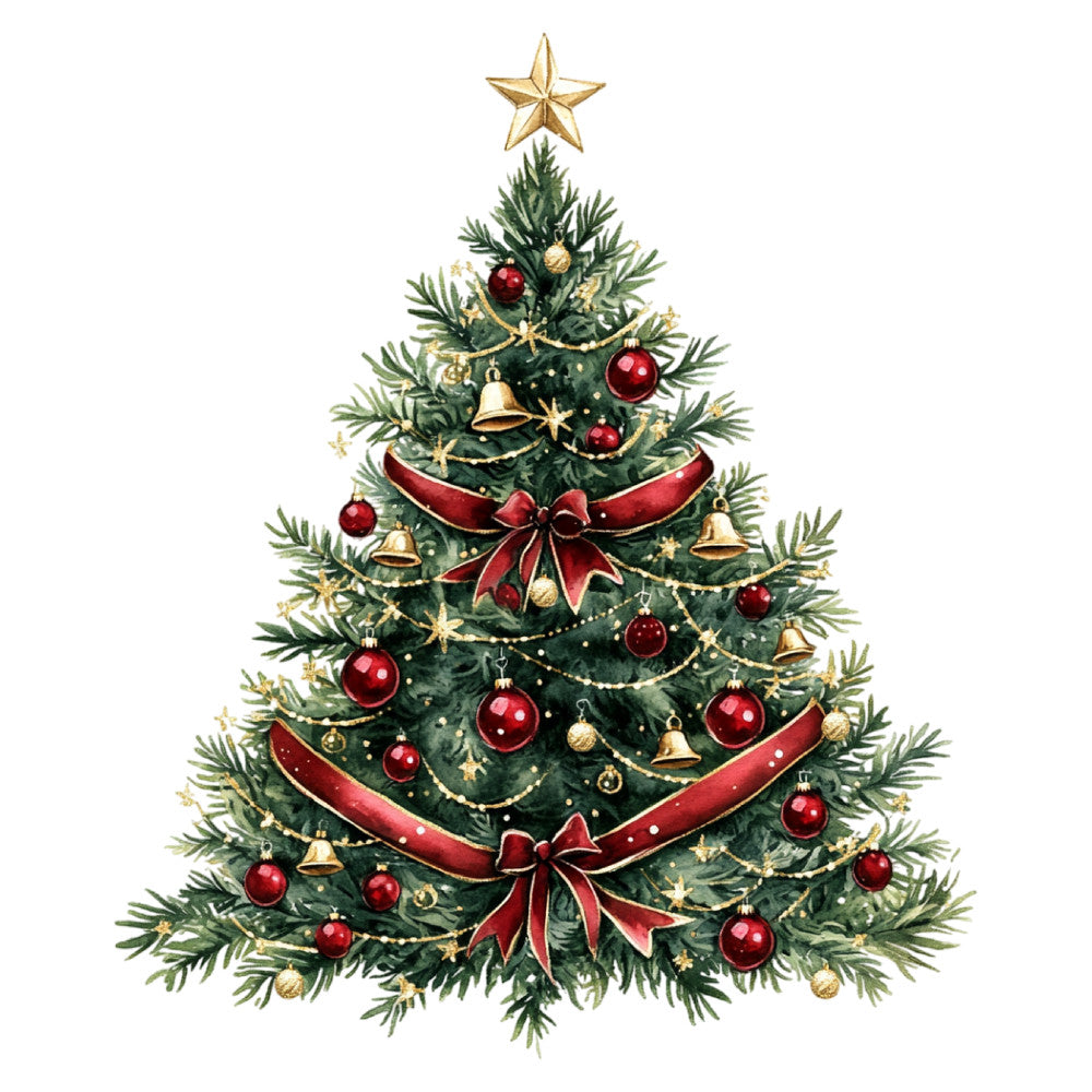 christmas tree, holiday, festive, gold star, red ornaments, forest green, gold accents, red ribbons, bows, bells, traditional, elegant, vintage, seasonal, christmas, winter, decorative, classic, botanical, evergreen branches, red and gold, formal, timeless, holiday décor, tree topper, garland, baubles, festive design