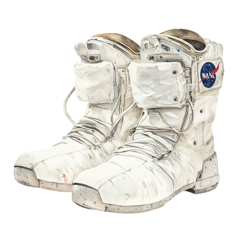 astronaut boots, space exploration, nasa, vintage space, retro astronaut, white, cream, tan, beige, gray, blue, red, space theme, vintage science, mid-century modern, educational, STEM, celestial, space suit, moon landing, historical, nostalgic, wall hanging, home decor, novelty print, americana, 1960s, apollo mission, science education