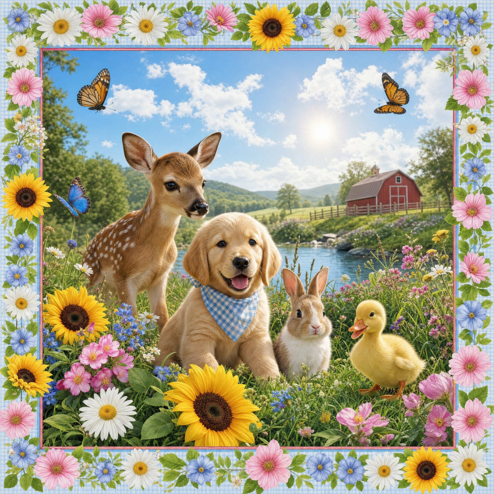 farmhouse, animals, nature, dog, deer, rabbit, duck, butterfly, pastoral, countryside, barn, river, landscape, spring, summer, wildflowers, sunflowers, daisies, pink flowers, blue flowers, yellow flowers, white flowers, green foliage, whimsical, cheerful, bright, scenic, garden, outdoor, bucolic