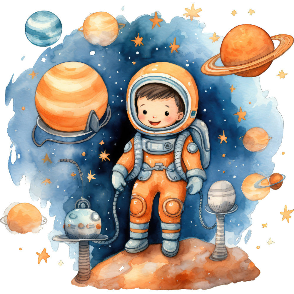 astronaut, space, planets, galaxy, celestial, stars, adventure, children, kids, whimsical, cute, orange, blue, navy blue, light blue, cream, educational, exploration, outer space, boy, playful, modern, cosmic, moon, saturn, jupiter, nursery, baby, bedding, wall art
