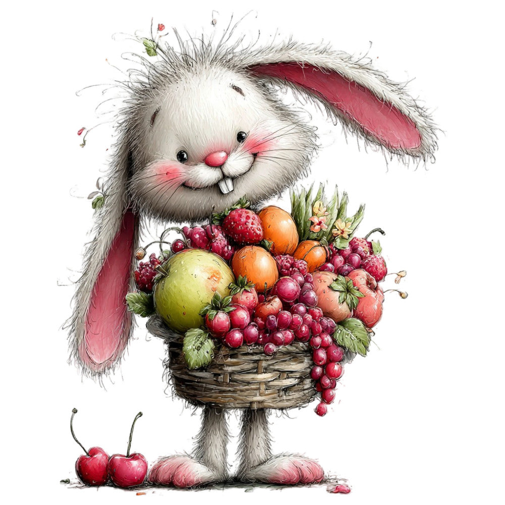 bunny rabbit, cute animals, whimsical, spring, easter, fruit basket, berries, raspberries, apples, oranges, nature, garden, pastoral, soft colors, cream white, dusty rose, coral pink, sage green, woodland, children's, baby, playful, storybook illustration, vintage style, nursery, adorable