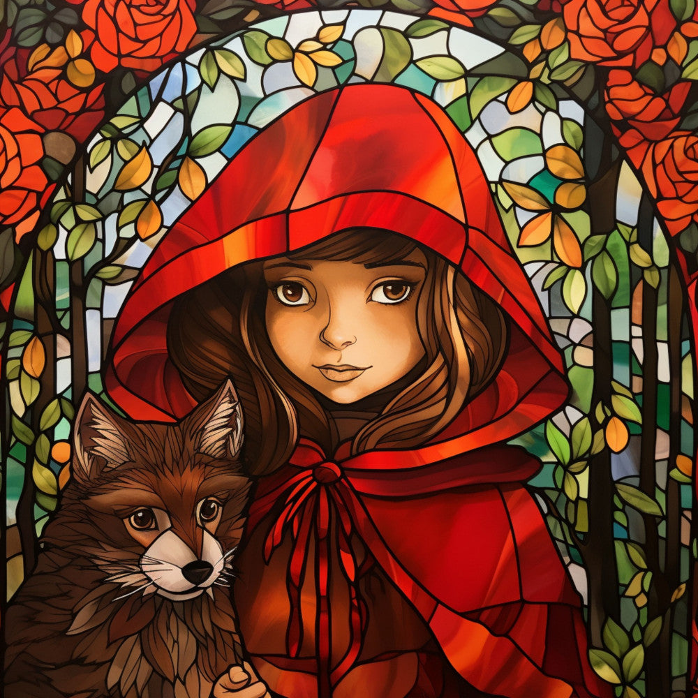 little red riding hood, stained glass style, red cloak, brown fox, forest scene, vibrant red, orange roses, green leaves, fairy tale character, mosaic pattern, woodland creatures, girl with hood, autumn colors, quilting panel, cotton fabric, fantasy illustration, storybook theme, detailed artwork, children's fabric