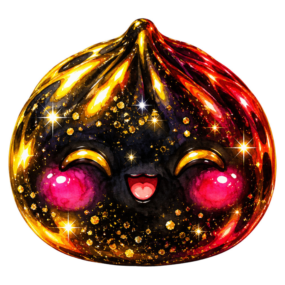 black, gold, red, magenta pink, bright pink, hot pink, yellow, orange, gradient, glitter, sparkle, cute, kawaii, character, face, eyes, happy expression, heart-shaped eyes, whimsical, playful, fun, festive, shiny, metallic, glam, modern, novelty, decorative, panel design, toy-inspired