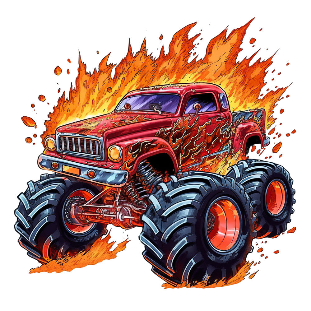 Monster Truck Crushes Fabric Panel 16 featuring a fiery red monster truck with large tires and flame designs bursting through flames.
