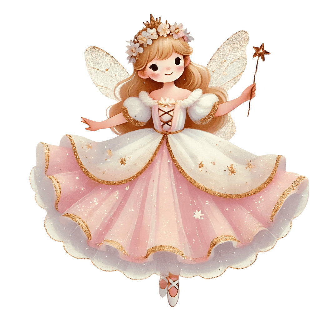 fairy tale, fairy wings, princess, golden crown, flower crown, ballet pointe shoes, tulle skirt, sparkles, magical, whimsical, fantasy, storybook, blush pink, cream, gold, rose gold, charming, delicate, dreamy, enchanted, girl, children, baby girl, ethereal, romantic, elegant, stars, feminine, illustration, character panel