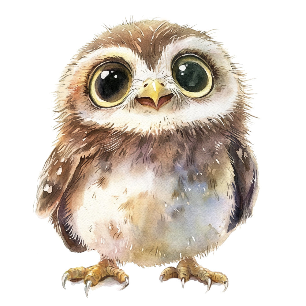 owl, brown, cream, tan, white, gold, yellow, beige, realistic, illustration, whimsical, cute, animal, nature, bird, woodland, forest, children, kids, baby, nursery, wall hanging, decorative, detailed, painted, watercolor style, big eyes, charming, friendly