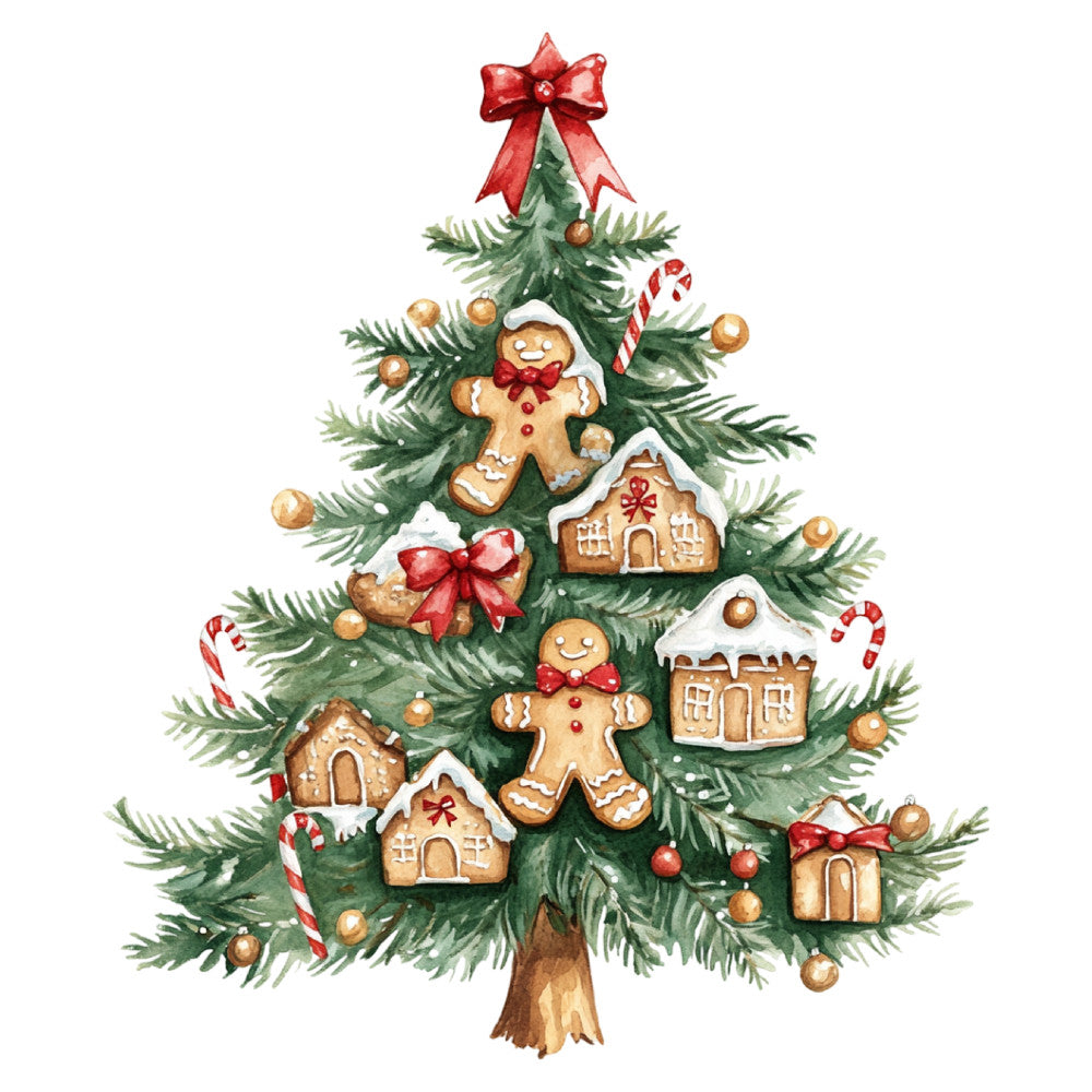 christmas tree, holiday, gingerbread, gingerbread man, gingerbread house, candy cane, red bow, festive, winter, christmas, traditional, whimsical, evergreen, forest green, gold, golden brown, red, candy stripe, ornaments, baubles, snow, icing, seasonal, celebration, vintage christmas, nostalgic, decorative, wall hanging, christmas quilt