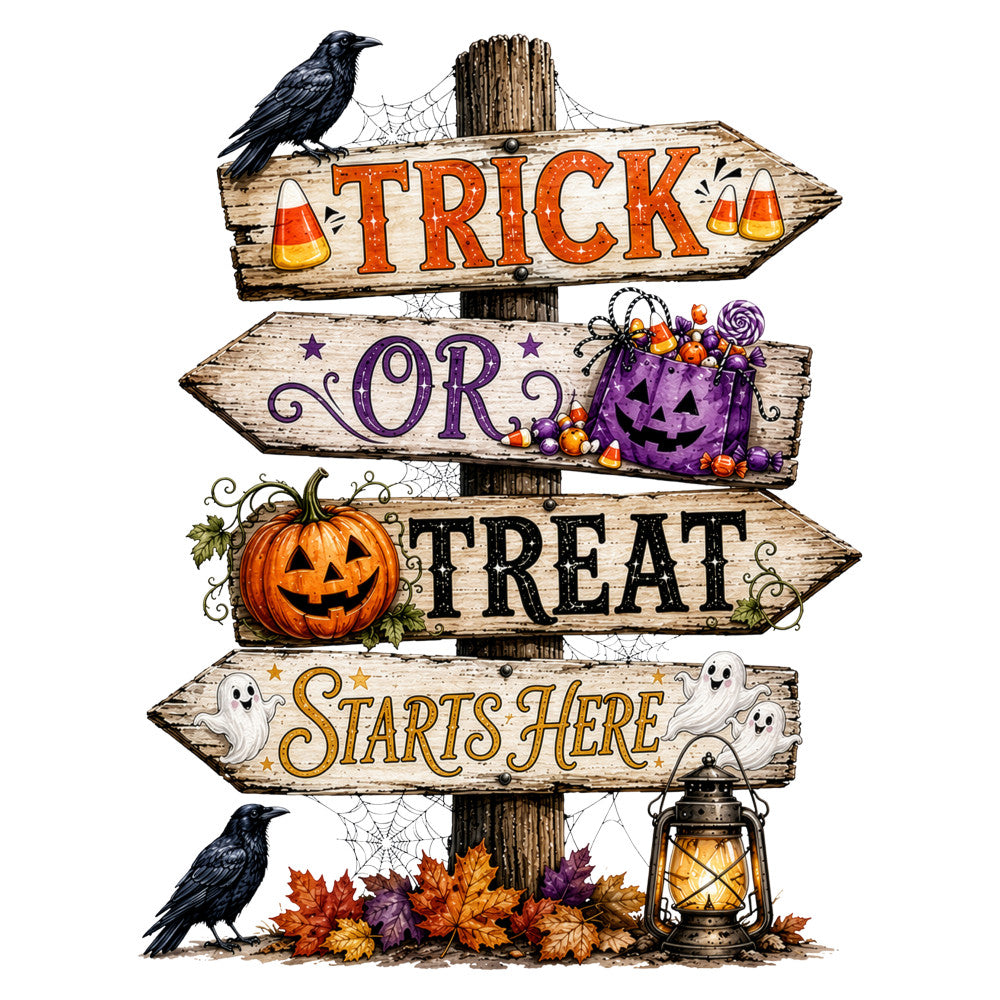 halloween, trick or treat, autumn, fall, orange, purple, black, cream, wood grain, rustic, vintage, directional sign, candy corn, jack-o-lantern, pumpkin, ghost, crow, raven, cobweb, spiderweb, lantern, leaves, whimsical, seasonal, october, spooky, holiday, wall hanging, home decor, decorative panel