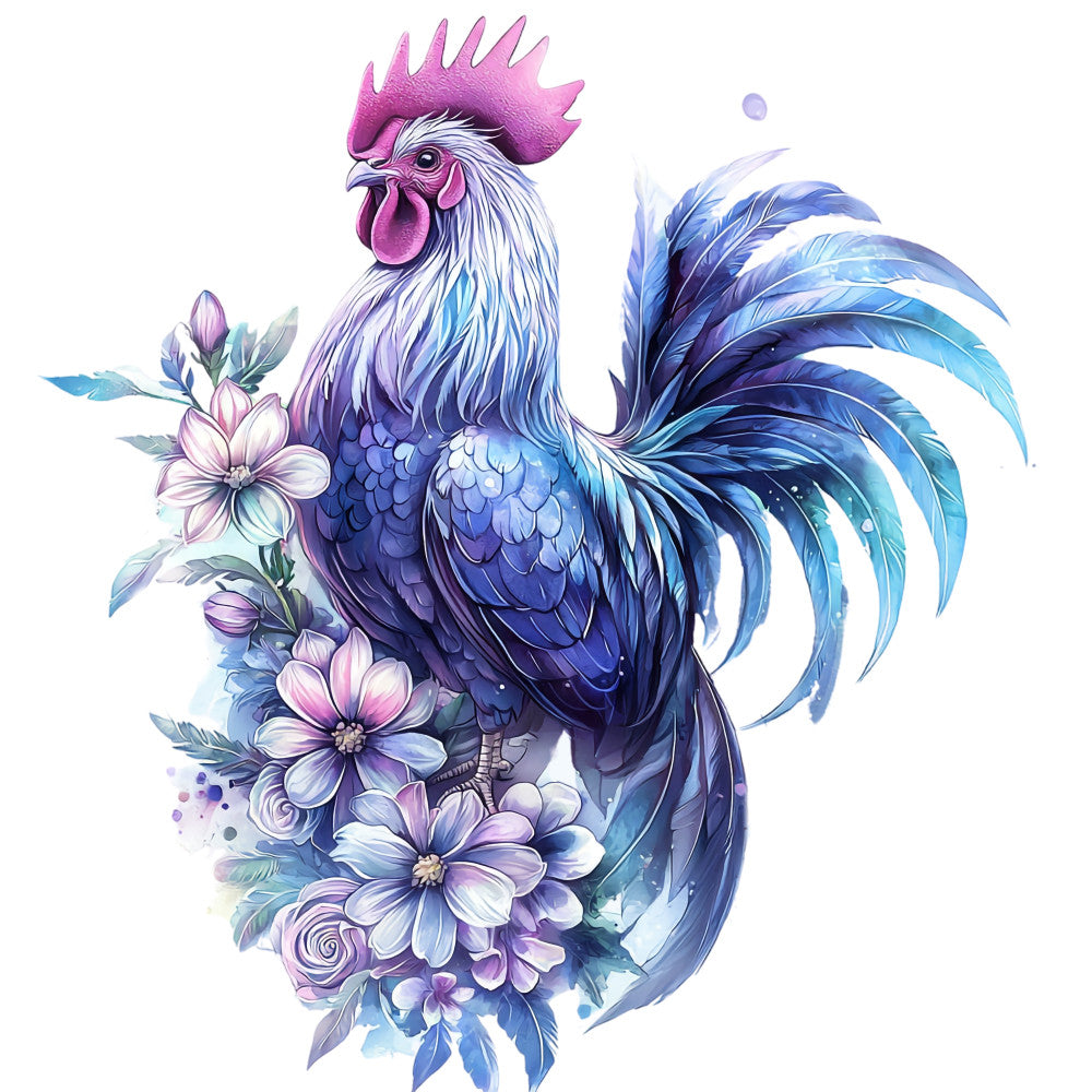 rooster, floral design, purple feathers, blue plumage, pink comb, watercolor style, fabric panel, quilting cotton, decorative flowers, purple blooms, white flowers, artistic illustration, farm animal, poultry, flowing tail feathers, soft pastels, nature motif, cotton fabric, sewing panel, craft material