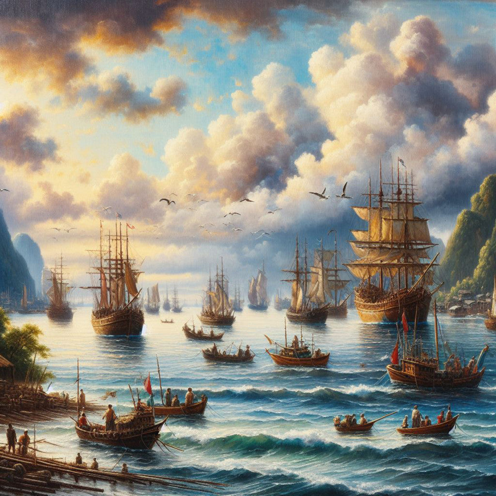 maritime scene, sailing ships, ocean waves, dramatic clouds, sunset sky, golden light, blue water, seagulls flying, coastal landscape, nautical theme, fabric panel, quilting cotton, vintage ships, harbor scene, stormy sky, amber tones, azure blue, cream clouds, maritime adventure, sailing vessels