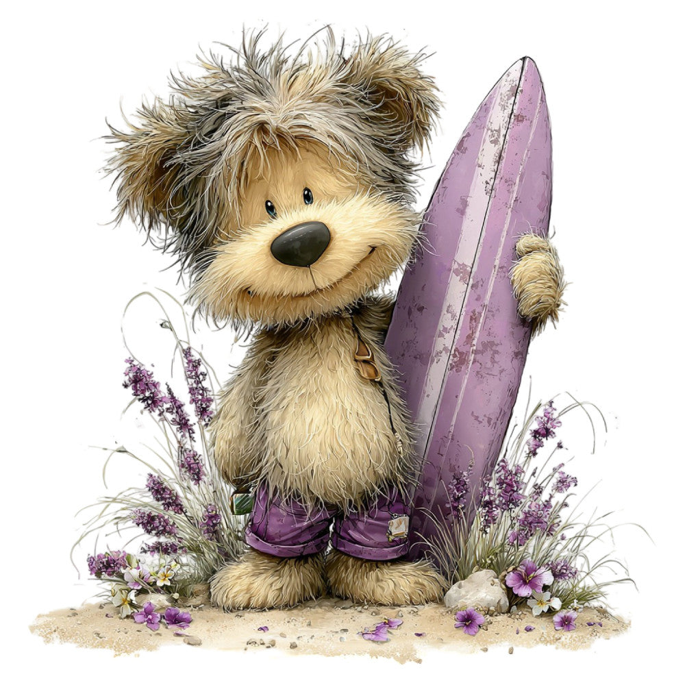 adorable puppy, lavender purple, cream, tan, beach theme, surfboard, whimsical, cute animals, dog, children's, playful, summer, coastal, nautical, purple flowers, daisy, nature, illustration, character panel, sweet, decorative, adorable design, apparel, stuffed animal aesthetic, novelty, beige, floral accent, sand, rocks, vintage illustration style