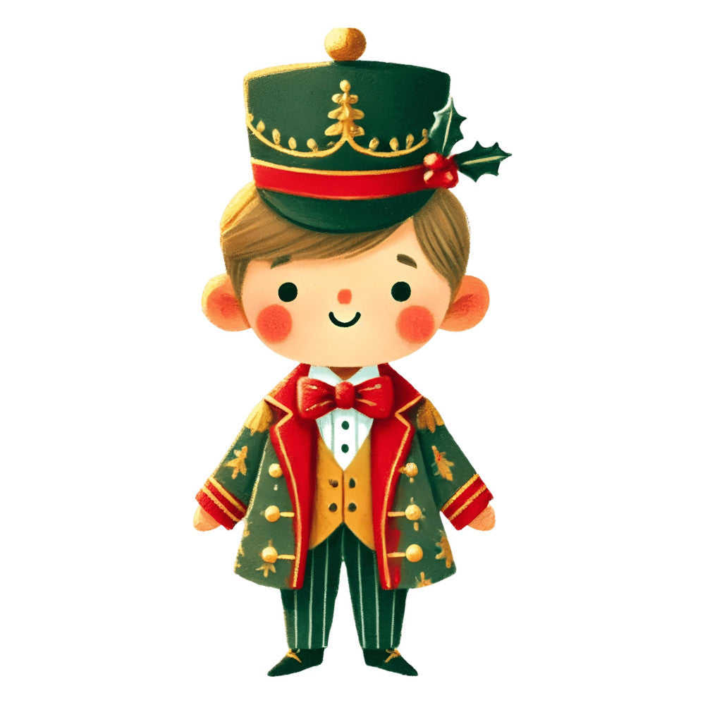 forest green, red, gold, cream, nutcracker, christmas, holiday, festive, character, whimsical, vintage, traditional, toy soldier, marching band, formal wear, elegant, decorative, seasonal, winter, jolly, cheerful, retro, classic, festive character, children's, novelty, panel design, dimensional, charming
