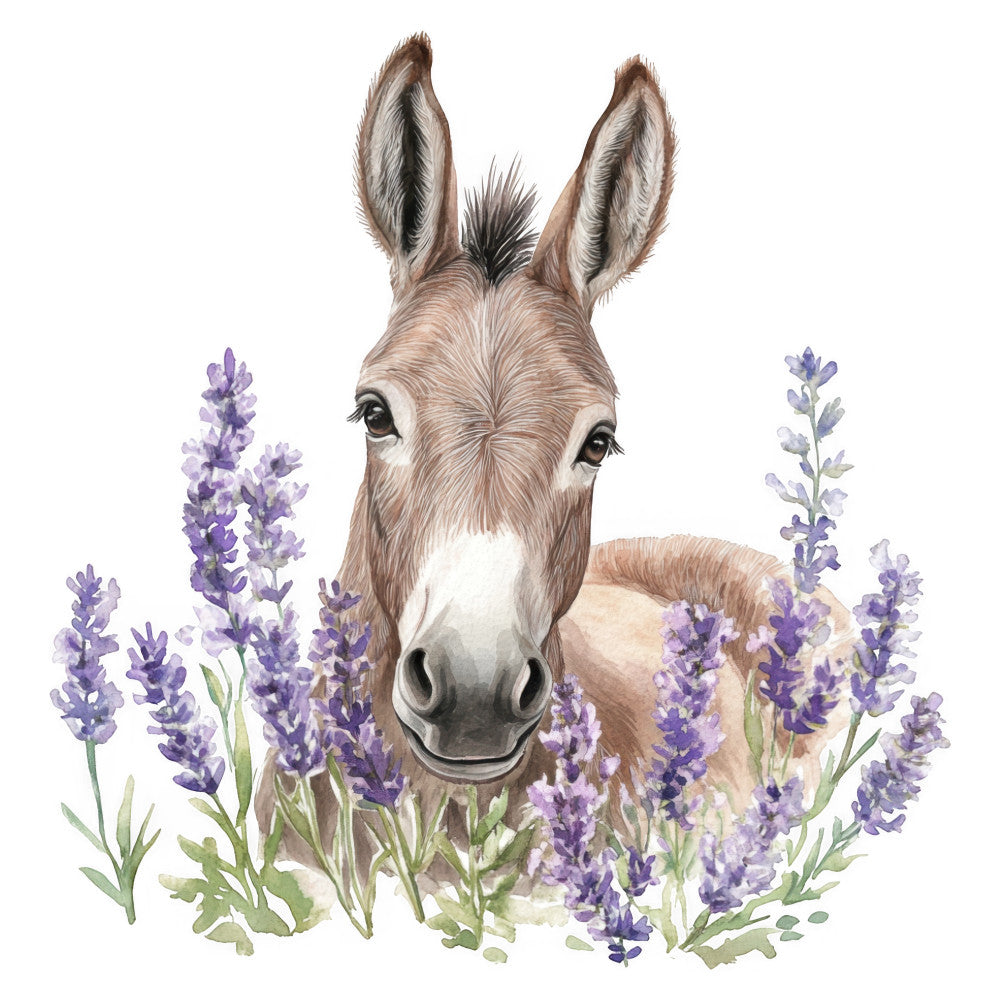 donkey, lavender, purple flowers, white, tan, brown, nature, animals, floral, farmhouse, whimsical, rustic, spring, summer, botanical, lavender field, sweet, gentle, pastoral, cottage core, provence, meadow, wildflowers, soft colors, watercolor style, illustrated animals, children's, nursery, farm animals, dusty purple